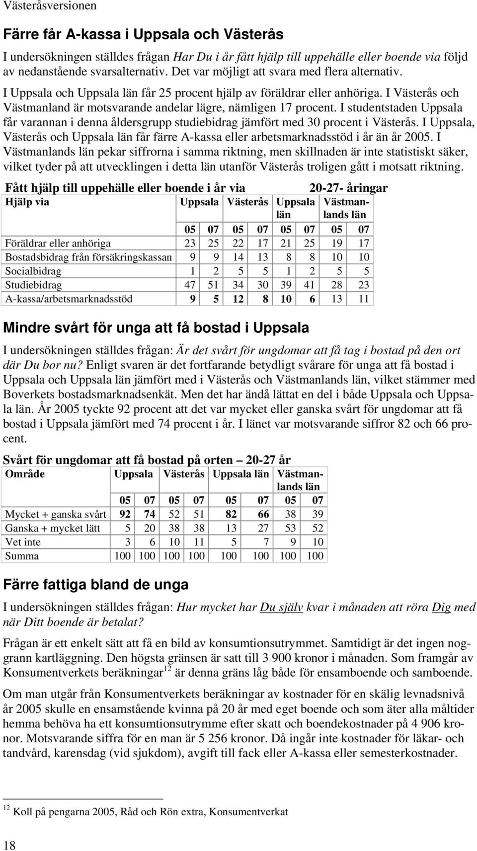 I studentstaden Uppsala får varannan i denna åldersgrupp studiebidrag jämfört med 30 procent i Västerås. I Uppsala, Västerås och Uppsala får färre A-kassa eller arbetsmarknadsstöd i år än år 2005.