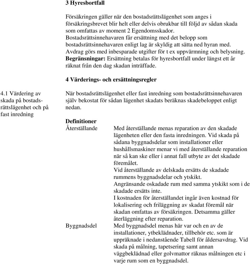 Avdrag görs med inbesparade utgifter för t ex uppvärmning och belysning. Begränsningar: Ersättning betalas för hyresbortfall under längst ett år räknat från den dag skadan inträffade.