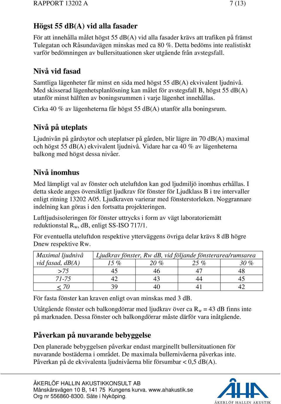 Med skisserad lägenhetsplanlösning kan målet för avstegsfall B, högst 55 db(a) utanför minst hälften av boningsrummen i varje lägenhet innehållas.