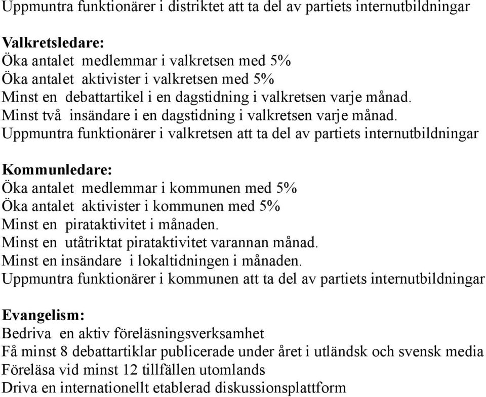 Uppmuntra funktionärer i valkretsen att ta del av partiets internutbildningar Kommunledare: Öka antalet medlemmar i kommunen med 5% Öka antalet aktivister i kommunen med 5% Minst en pirataktivitet i