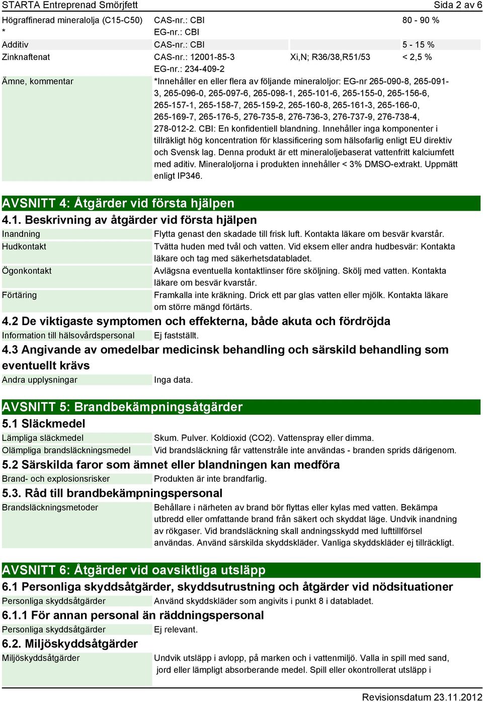 : 234-409-2 Ämne, kommentar *Innehåller en eller flera av följande mineraloljor: EG-nr 265-090-8, 265-091- 3, 265-096-0, 265-097-6, 265-098-1, 265-101-6, 265-155-0, 265-156-6, 265-157-1, 265-158-7,