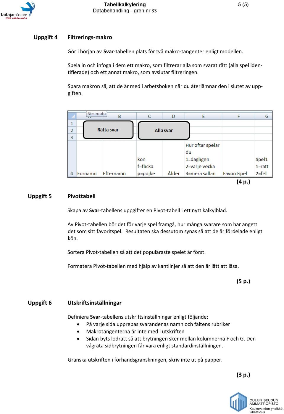 Spara makron så, att de är med i arbetsboken när du återlämnar den i slutet av uppgiften. (4 p.) Uppgift 5 Pivottabell Skapa av Svar-tabellens uppgifter en Pivot-tabell i ett nytt kalkylblad.