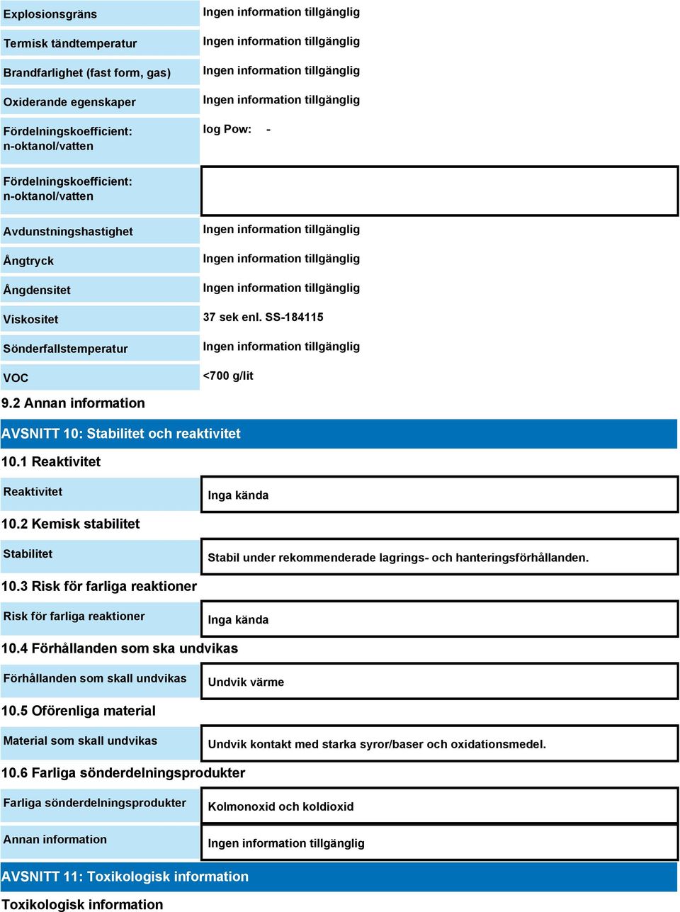 1 Reaktivitet Reaktivitet Inga kända 10.2 Kemisk stabilitet Stabilitet Stabil under rekommenderade lagrings- och hanteringsförhållanden. 10.3 Risk för farliga reaktioner Risk för farliga reaktioner Inga kända 10.
