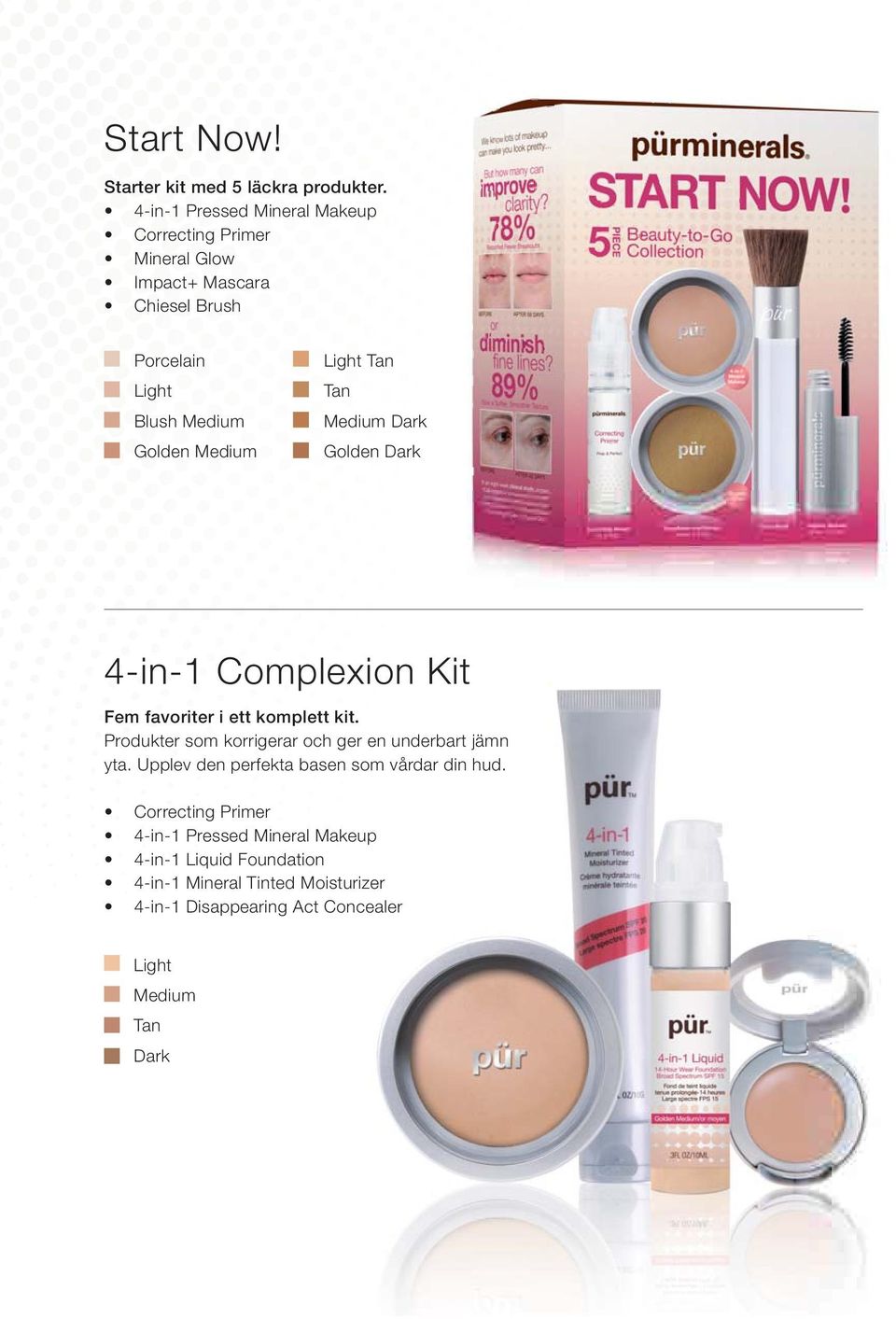 Light Tan Tan Medium Dark Golden Dark 4-in-1 Complexion Kit Fem favoriter i ett komplett kit.