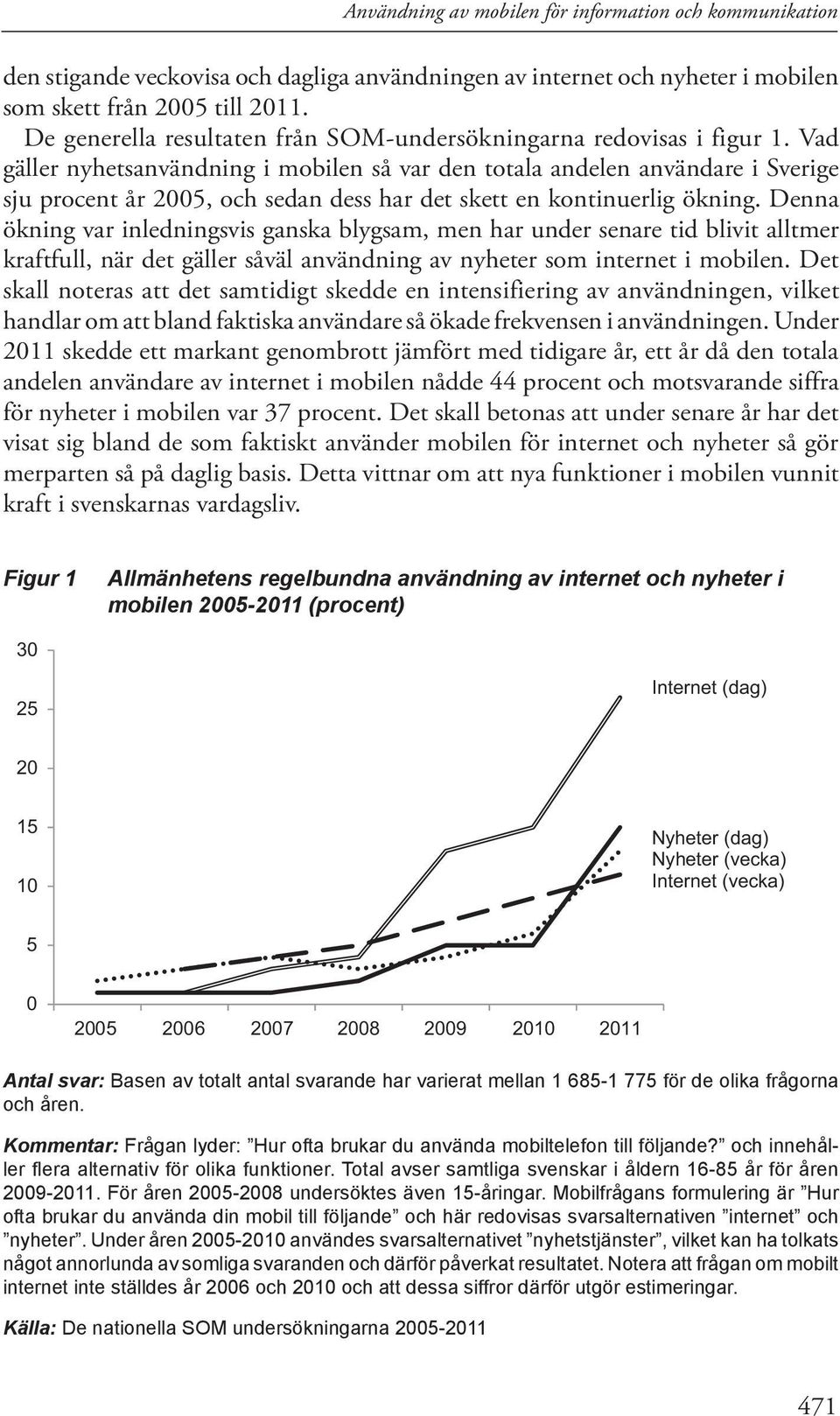 Vad gäller nyhetsanvändning i mobilen så var den totala andelen användare i Sverige sju procent år 2005, och sedan dess har det skett en kontinuerlig ökning.