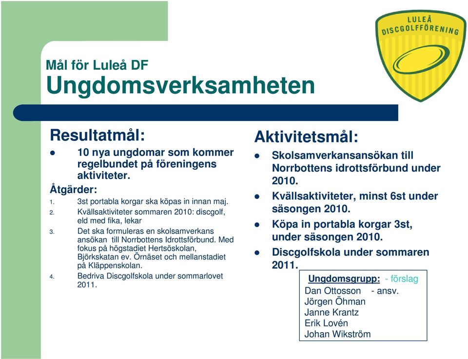 Med fokus på högstadiet Hertsöskolan, Björkskatan ev. Örnäset och mellanstadiet på Kläppenskolan. 4. Bedriva Discgolfskola under sommarlovet 2011.