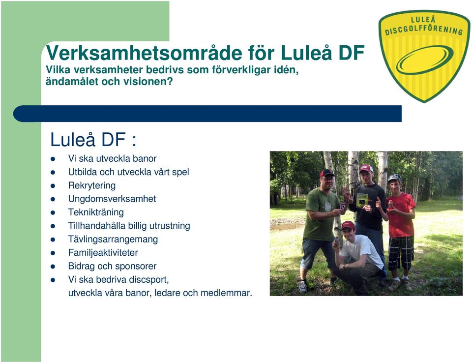 Luleå DF : Vi ska utveckla banor Utbilda och utveckla vårt spel Rekrytering Ungdomsverksamhet