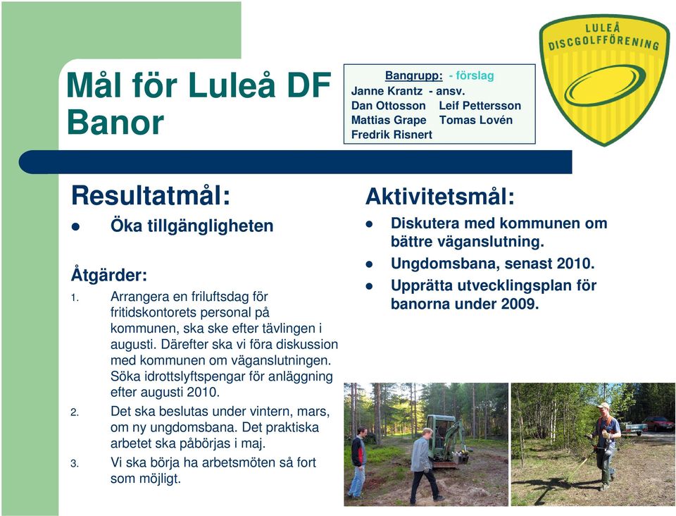 Arrangera en friluftsdag för fritidskontorets personal på kommunen, ska ske efter tävlingen i augusti. Därefter ska vi föra diskussion med kommunen om väganslutningen.