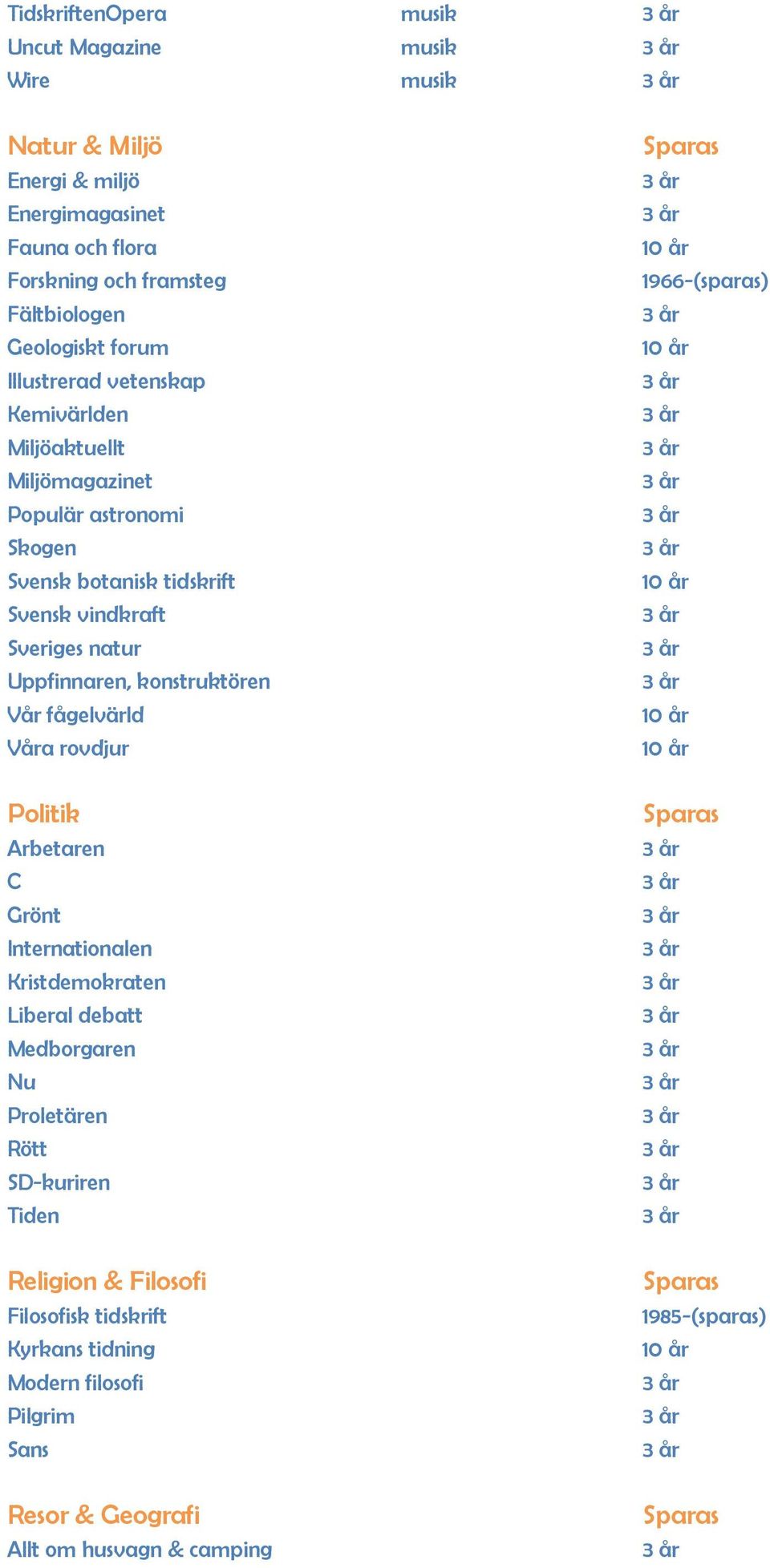 natur Uppfinnaren, konstruktören Vår fågelvärld Våra rovdjur Politik Arbetaren C Grönt Internationalen Kristdemokraten Liberal debatt Medborgaren Nu Proletären