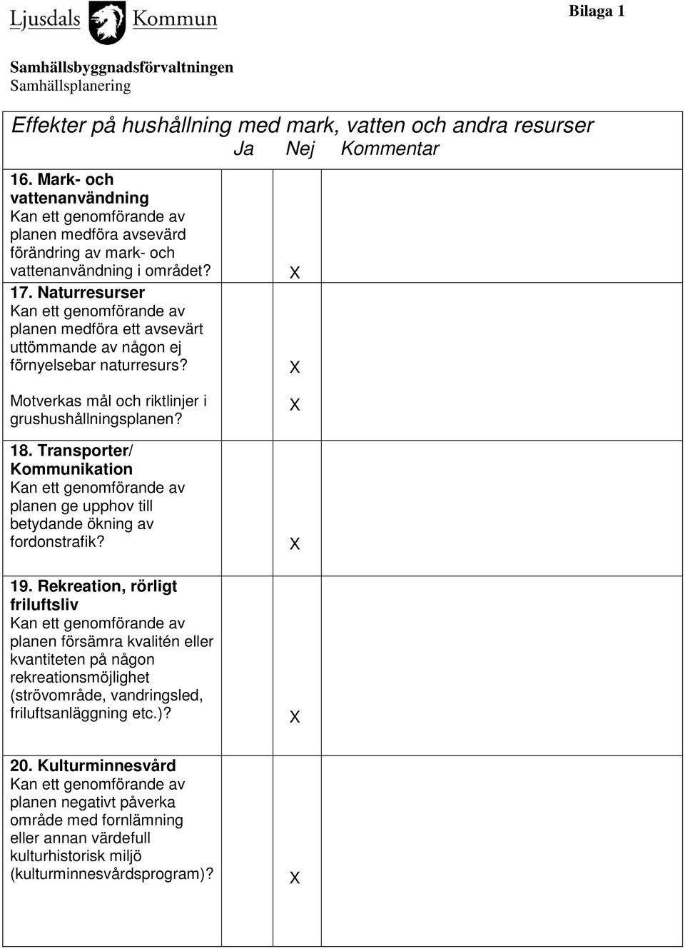 Naturresurser planen medföra ett avsevärt uttömmande av någon ej förnyelsebar naturresurs? Motverkas mål och riktlinjer i grushushållningsplanen? 18.