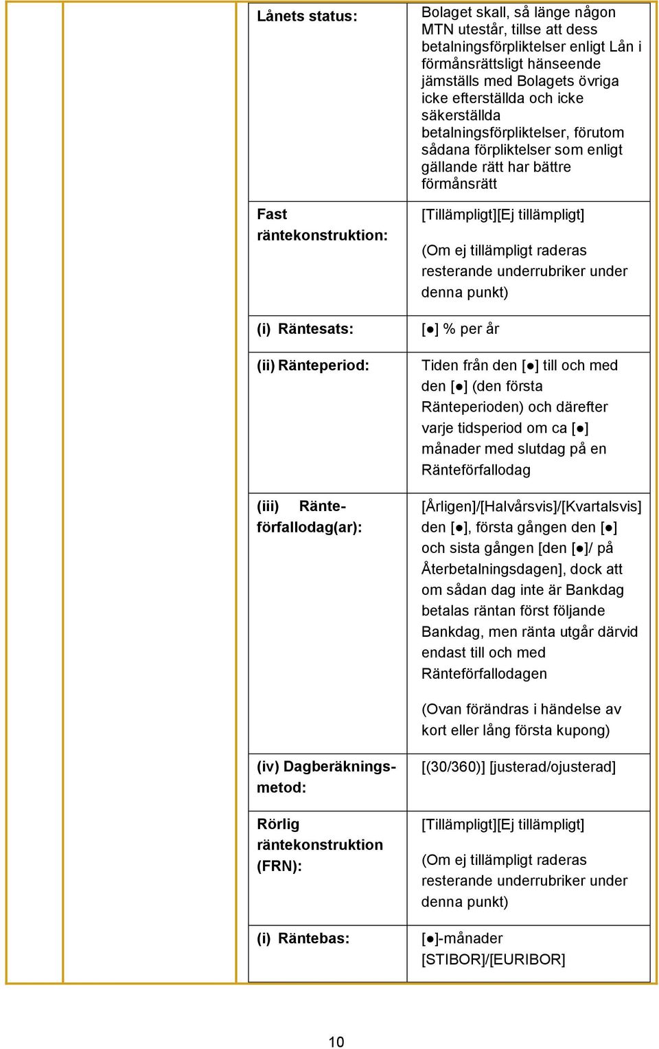 [Tillämpligt][Ej tillämpligt] (Om ej tillämpligt raderas resterande underrubriker under denna punkt) [ ] % per år Tiden från den [ ] till och med den [ ] (den första Ränteperioden) och därefter varje