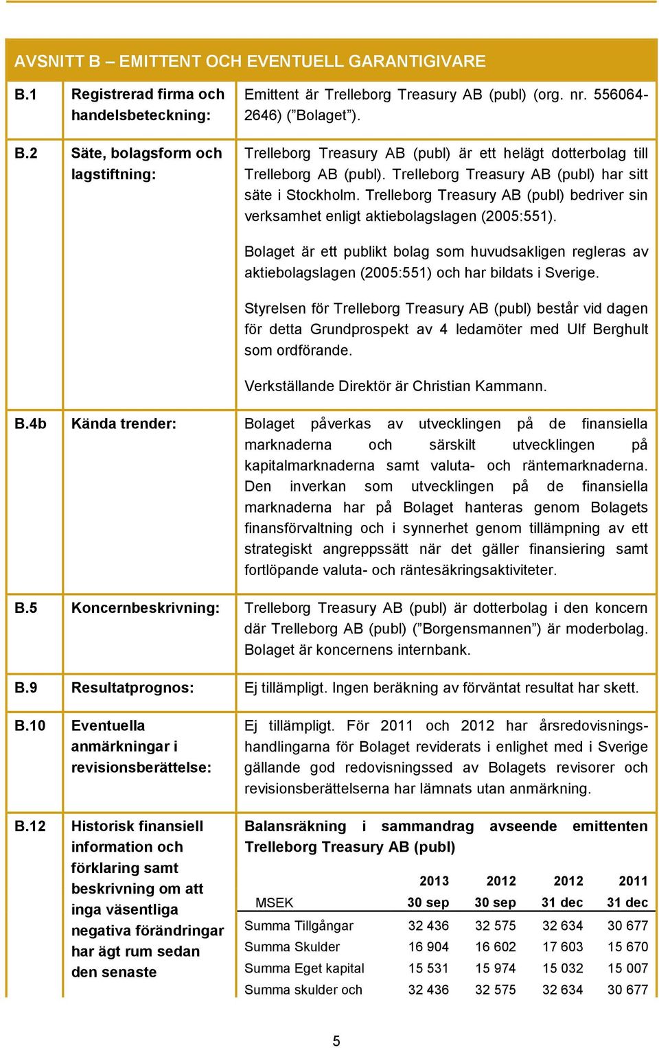 Trelleborg Treasury AB (publ) bedriver sin verksamhet enligt aktiebolagslagen (2005:551).