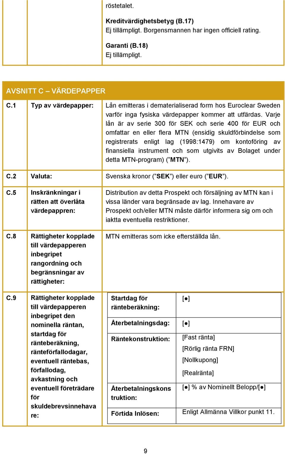 Varje lån är av serie 300 för SEK och serie 400 för EUR och omfattar en eller flera MTN (ensidig skuldförbindelse som registrerats enligt lag (1998:1479) om kontoföring av finansiella instrument och