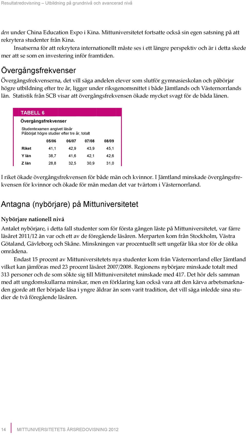 Övergångsfrekvenser Övergångsfrekvenserna,detvillsägaandeleneleversomslutförgymnasieskolanochpåbörjar högreutbildningeftertreår,liggerunderriksgenomsnittetibådejämtlandsochvästernorrlands län.