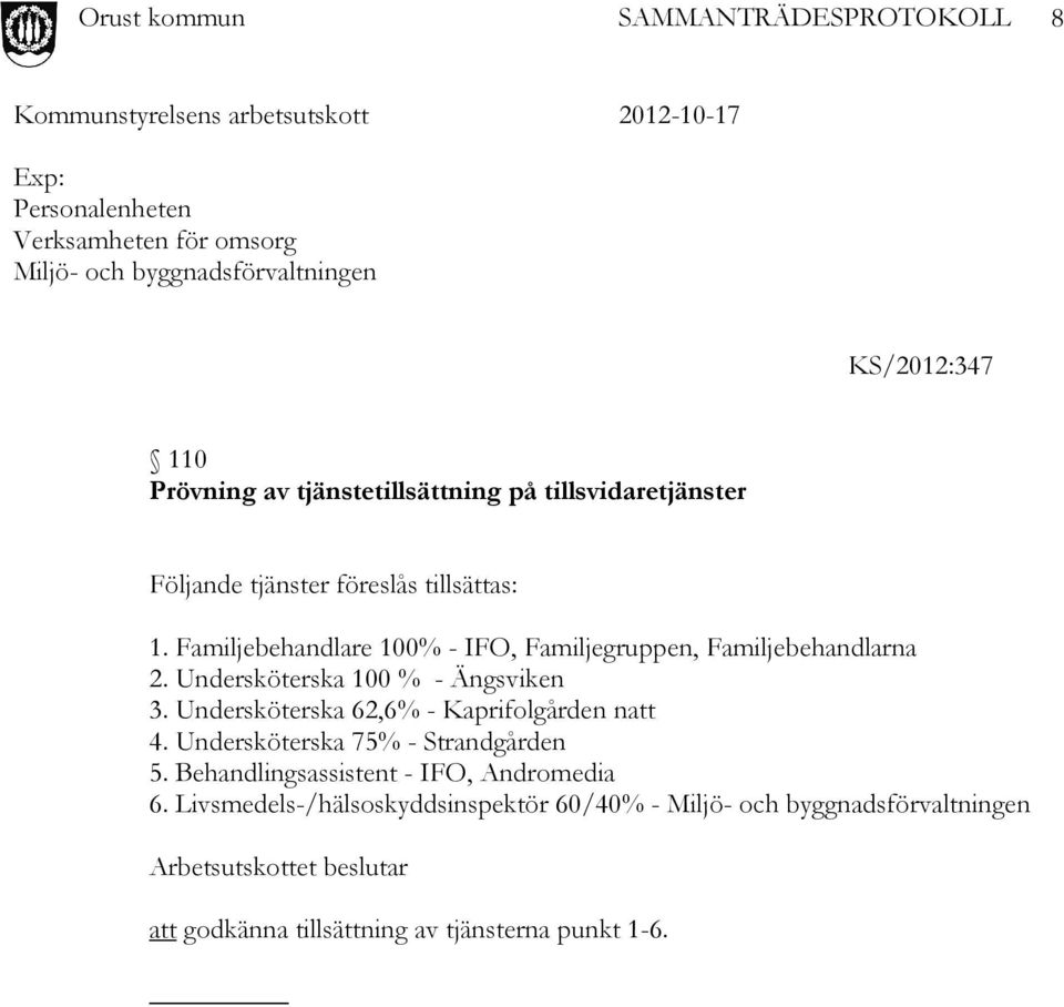 Undersköterska 100 % - Ängsviken 3. Undersköterska 62,6% - Kaprifolgården natt 4. Undersköterska 75% - Strandgården 5.