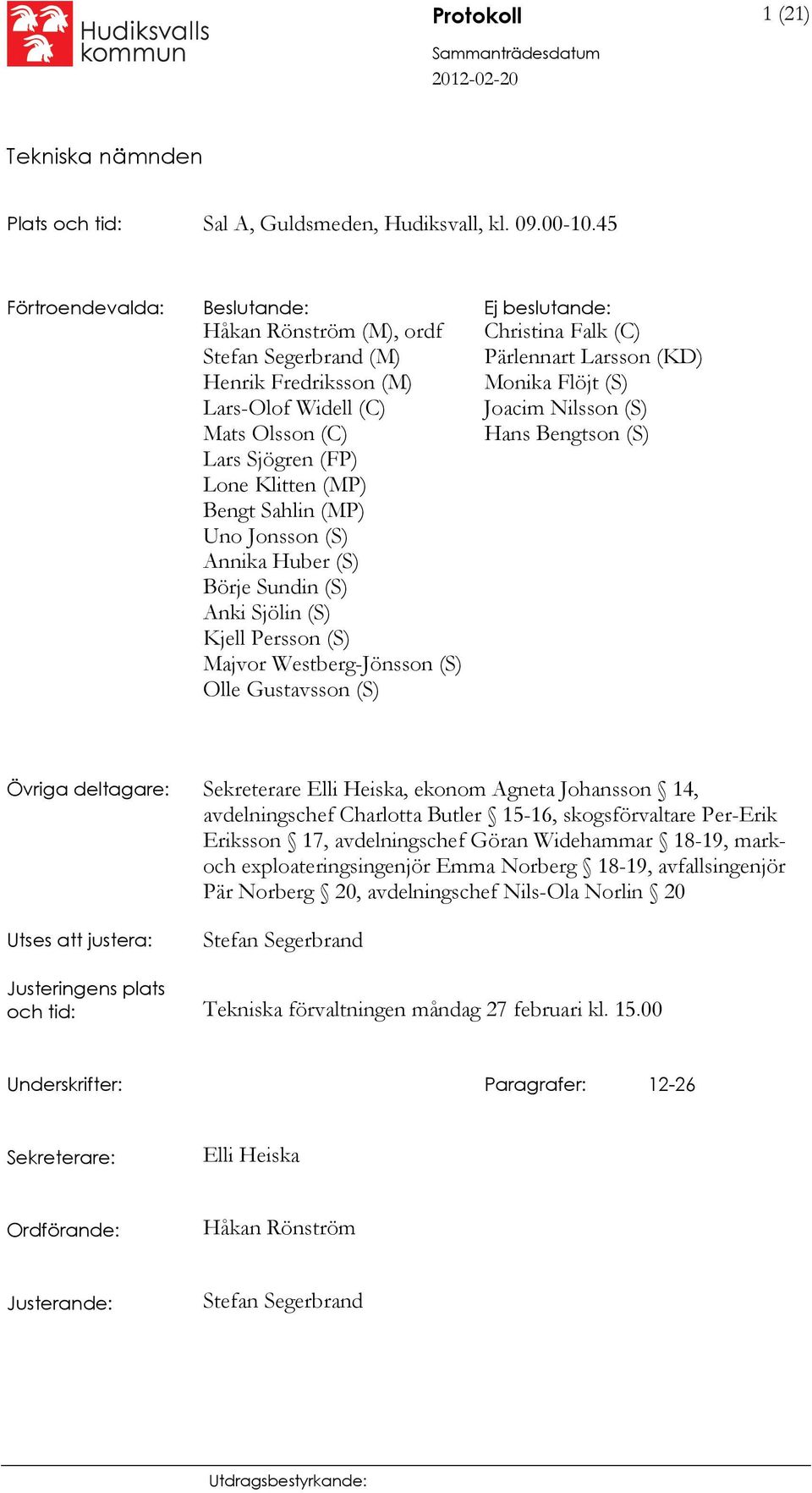 Sahlin (MP) Uno Jonsson (S) Annika Huber (S) Börje Sundin (S) Anki Sjölin (S) Kjell Persson (S) Majvor Westberg-Jönsson (S) Olle Gustavsson (S) Christina Falk (C) Pärlennart Larsson (KD) Monika Flöjt