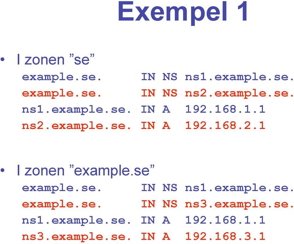 se example.se. IN NS ns1.example.se. example.se. IN NS ns3.example.se. ns1.example.se. IN A 192.