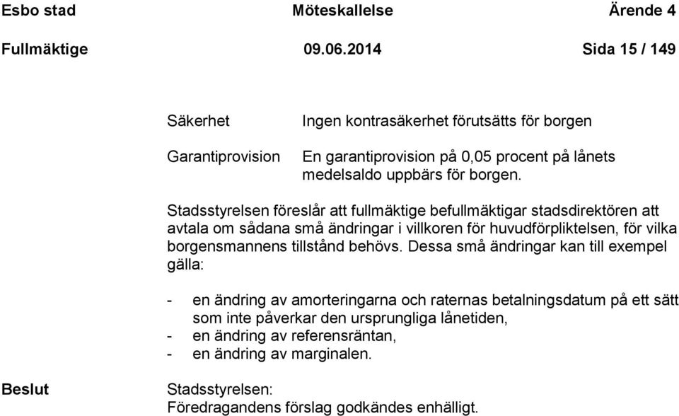 Stadsstyrelsen föreslår att fullmäktige befullmäktigar stadsdirektören att avtala om sådana små ändringar i villkoren för huvudförpliktelsen, för vilka borgensmannens
