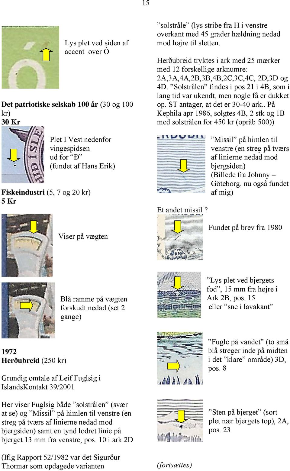 Herðubreid tryktes i ark med 25 mærker med 12 forskellige arknumre: 2A,3A,4A,2B,3B,4B,2C,3C,4C, 2D,3D og 4D. Solstrålen findes i pos 21 i 4B, som i lang tid var ukendt, men nogle få er dukket op.