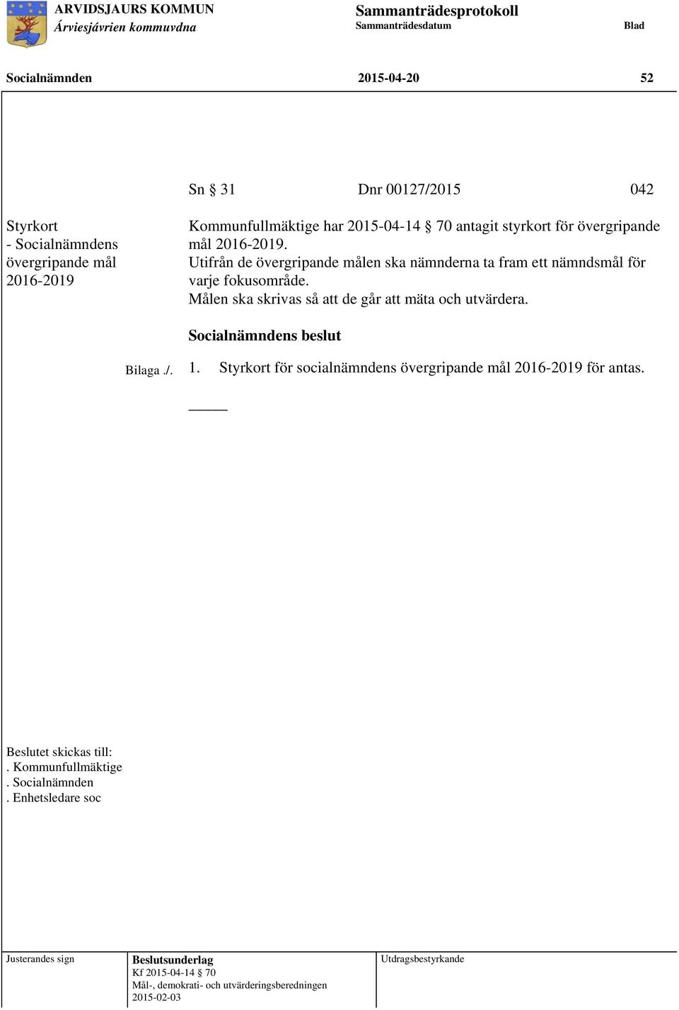 Målen ska skrivas så att de går att mäta och utvärdera. Socialnämndens beslut Bilaga./. 1. Styrkort för socialnämndens övergripande mål 2016-2019 för antas.