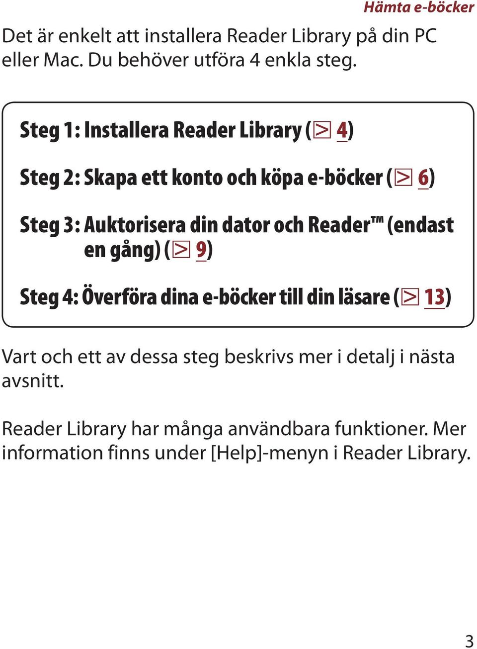 Reader (endast en gång) ( 9) Steg 4: Överföra dina e-böcker till din läsare ( 13) Vart och ett av dessa steg beskrivs mer