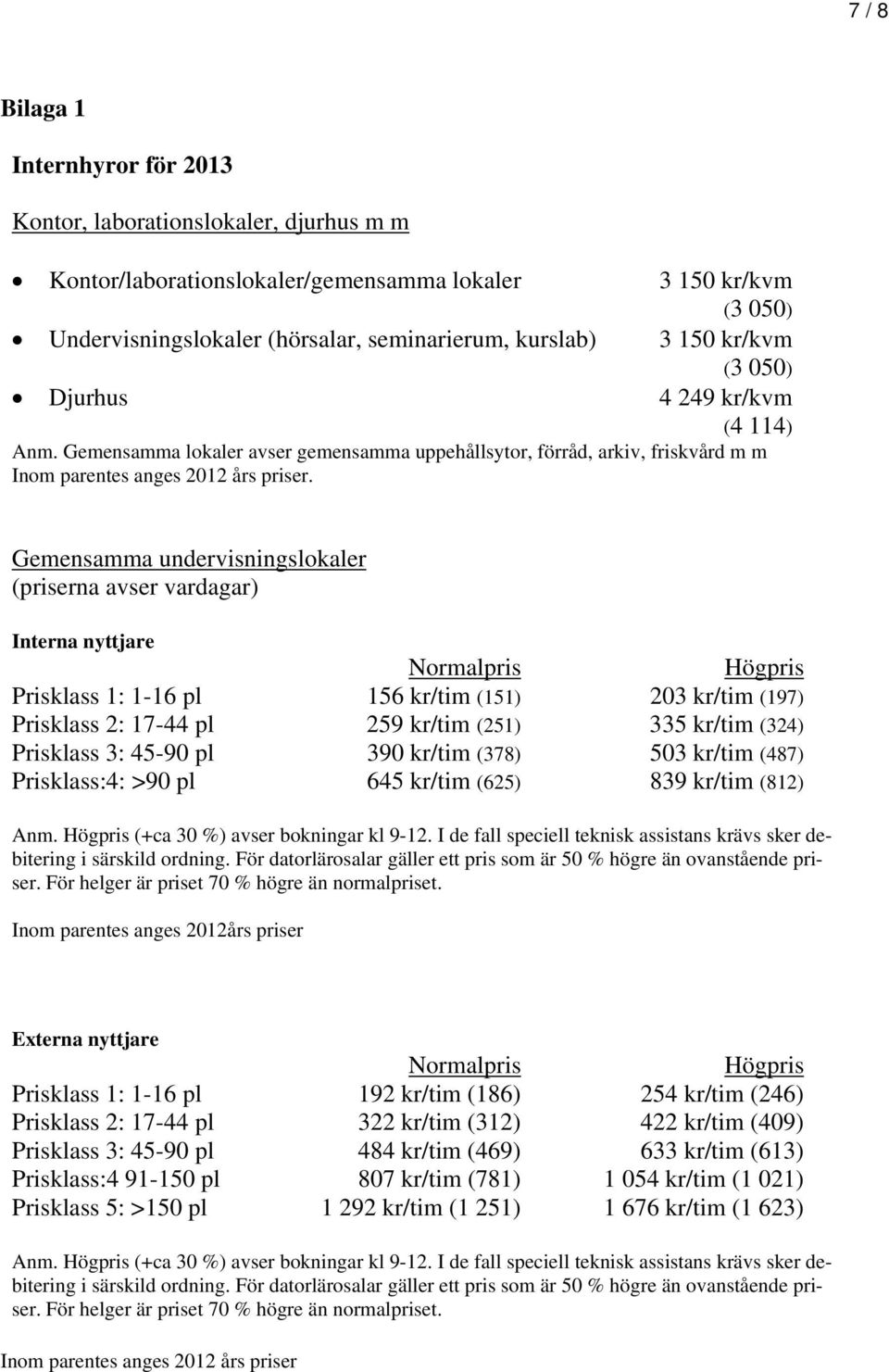 Gemensamma undervisningslokaler (priserna avser vardagar) Interna nyttjare Normalpris Högpris Prisklass 1: 1-16 pl 156 kr/tim (151) 203 kr/tim (197) Prisklass 2: 17-44 pl 259 kr/tim (251) 335 kr/tim