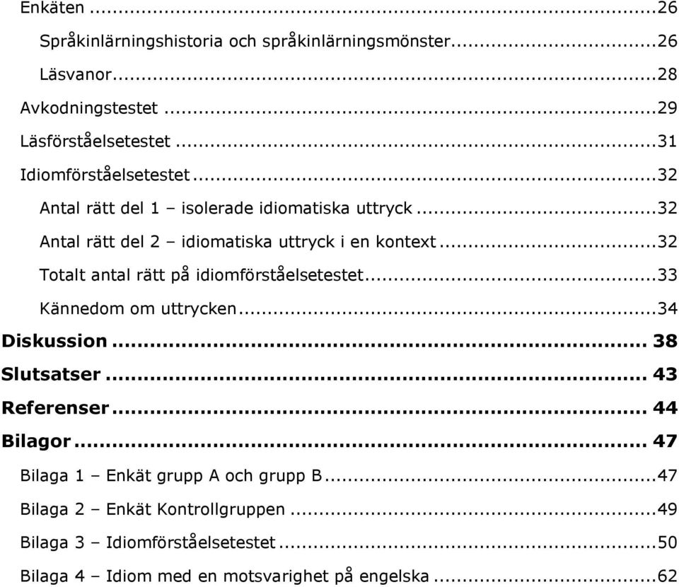 .. 32 Totalt antal rätt på idiomförståelsetestet... 33 Kännedom om uttrycken... 34 Diskussion... 38 Slutsatser... 43 Referenser... 44 Bilagor.