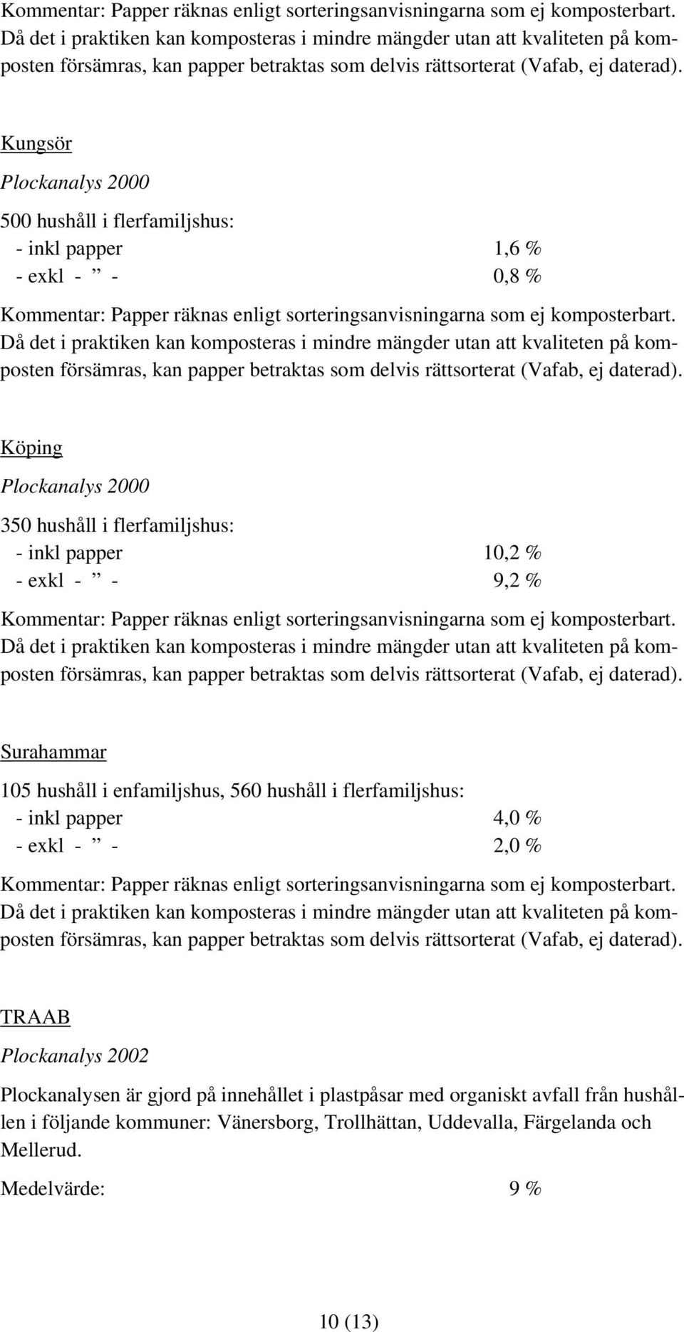 105 hushåll i enfamiljshus, 560 hushåll i flerfamiljshus: - inkl papper 4,0 % - exkl - - 2,0 %  TRAAB Plockanalys 2002 Plockanalysen är gjord på innehållet i plastpåsar med organiskt avfall från