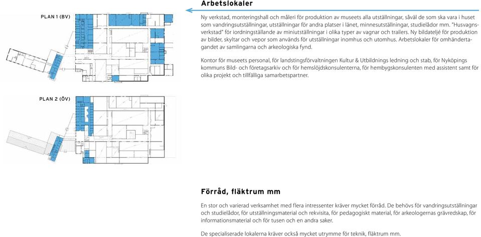 Ny bildateljé för produktion av bilder, skyltar och vepor som används för utställningar inomhus och utomhus. Arbetslokaler för omhändertagandet av samlingarna och arkeologiska fynd.