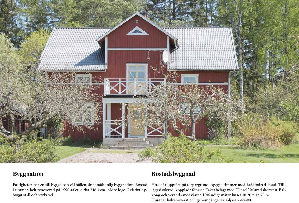Bostadsbyggnad Huset är uppfört på torpargrund, byggt i timmer med brädfodrad fasad. Tillläggsisolerad, kopplade fönster.