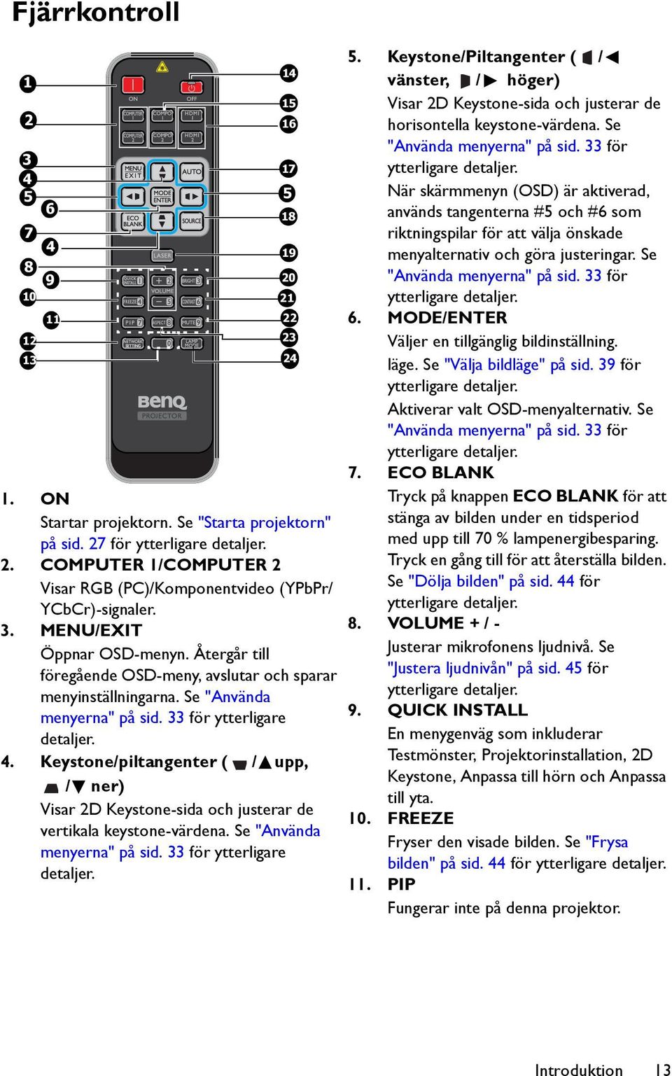 Keystone/piltangenter ( / upp, / ner) Visar 2D Keystone-sida och justerar de vertikala keystone-värdena. Se "Använda menyerna" på sid. 33 för ytterligare detaljer.