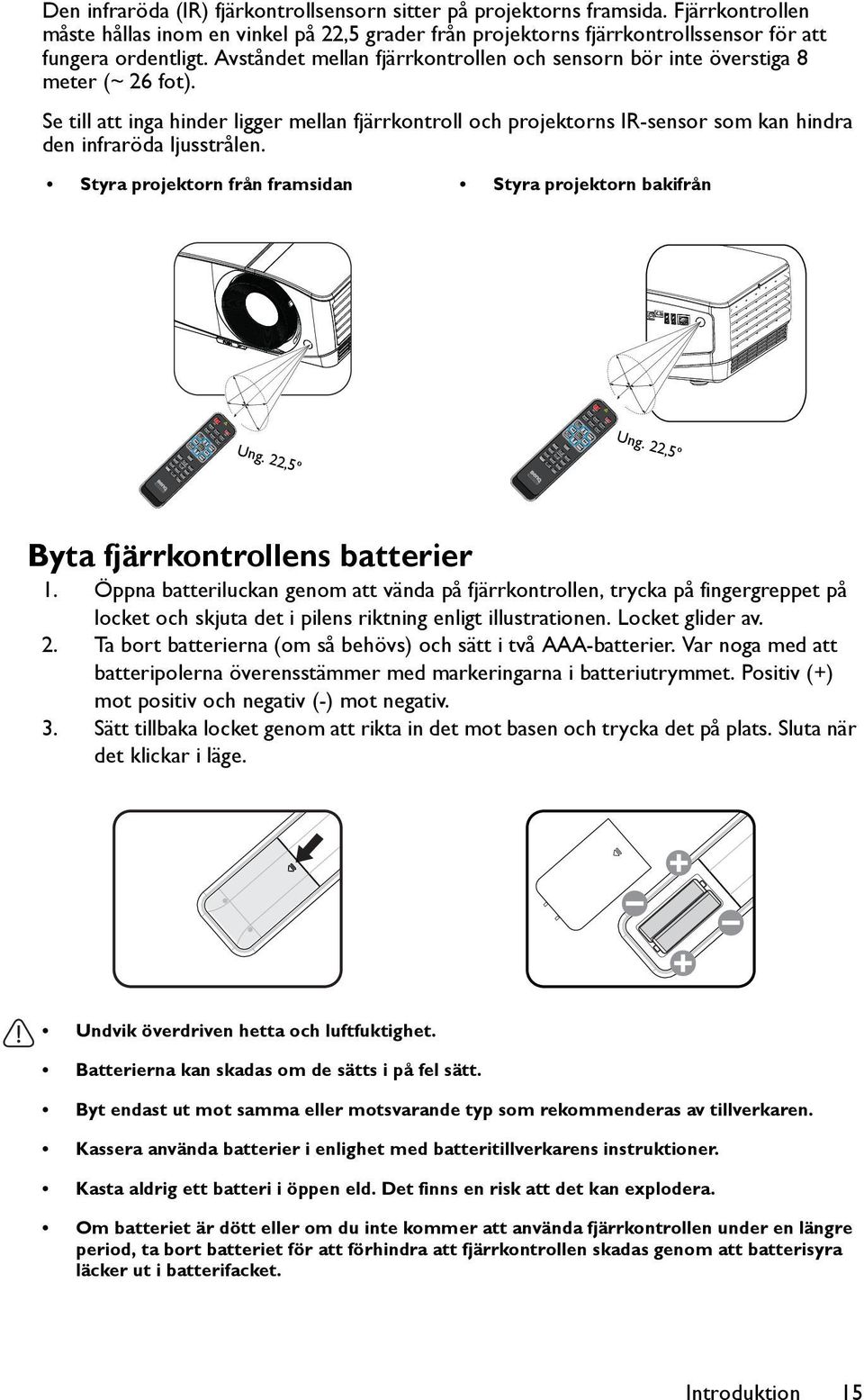 Se till att inga hinder ligger mellan fjärrkontroll och projektorns IR-sensor som kan hindra den infraröda ljusstrålen. Styra projektorn från framsidan Styra projektorn bakifrån Ung. 22,5º Ung.