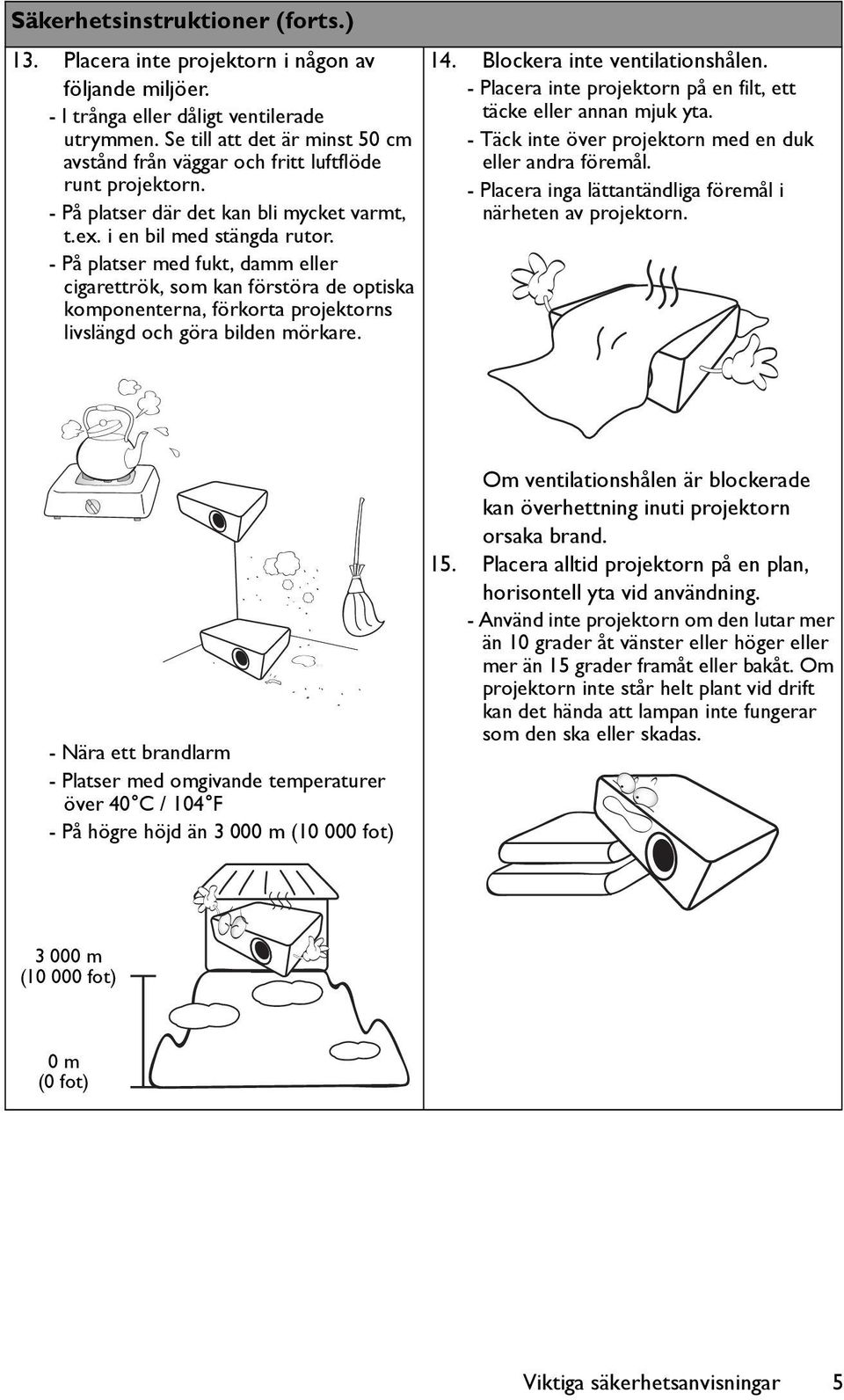 - På platser med fukt, damm eller cigarettrök, som kan förstöra de optiska komponenterna, förkorta projektorns livslängd och göra bilden mörkare. 14. Blockera inte ventilationshålen.