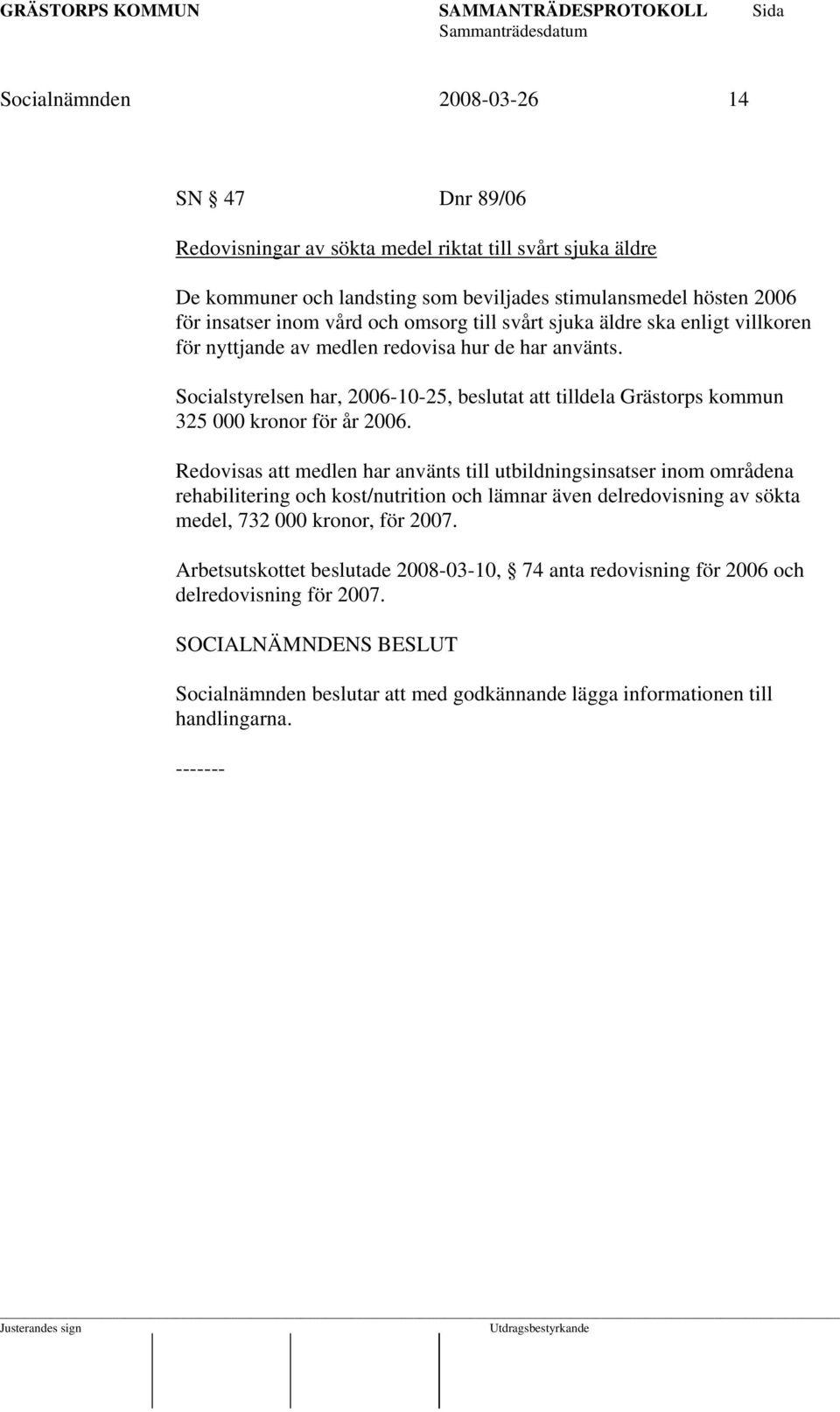 Socialstyrelsen har, 2006-10-25, beslutat att tilldela Grästorps kommun 325 000 kronor för år 2006.