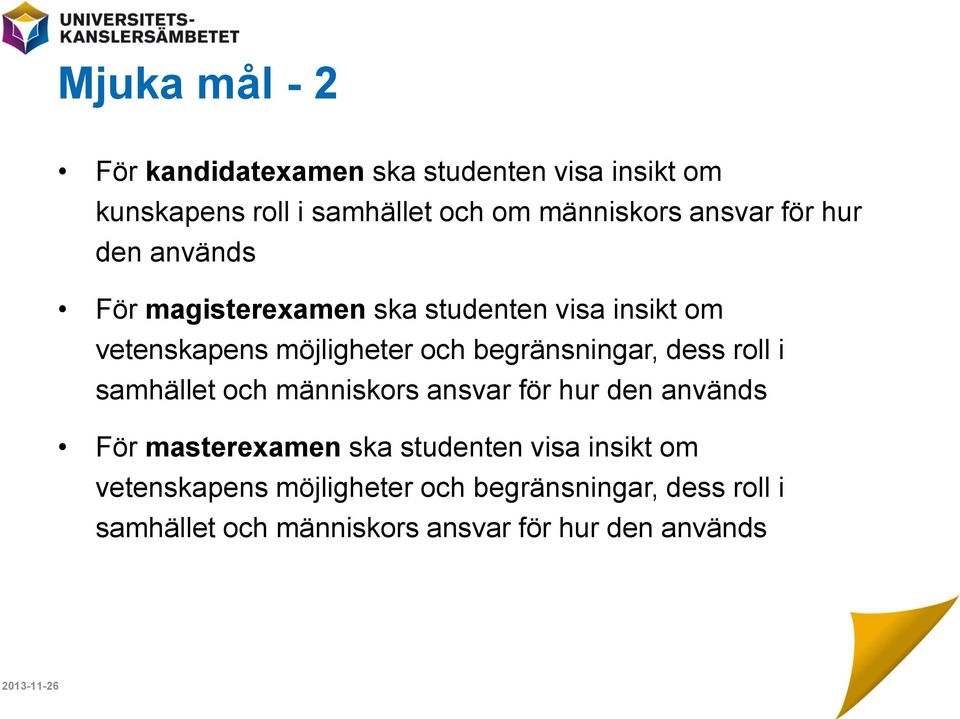 begränsningar, dess roll i samhället och människors ansvar för hur den används För masterexamen ska studenten