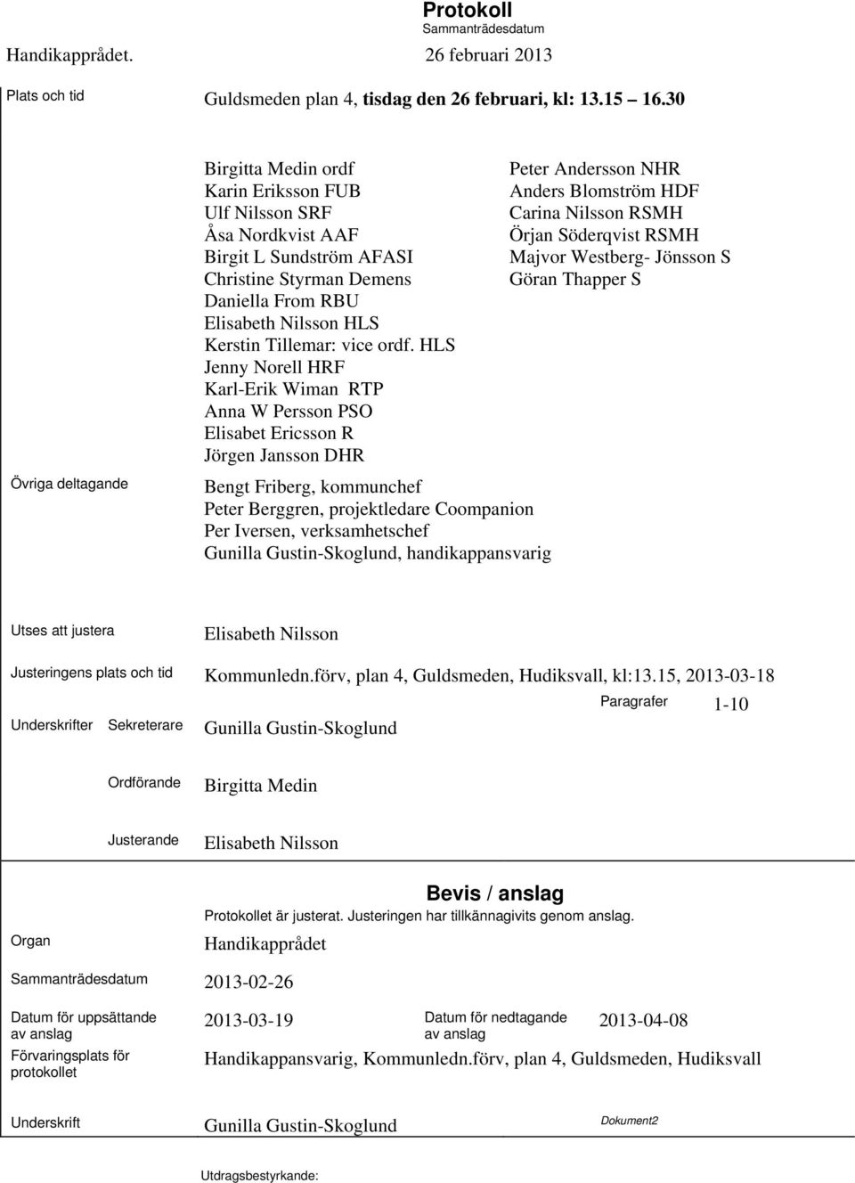 HLS Jenny Norell HRF Karl-Erik Wiman RTP Anna W Persson PSO Elisabet Ericsson R Jörgen Jansson DHR Peter Andersson NHR Anders Blomström HDF Carina Nilsson RSMH Örjan Söderqvist RSMH Majvor Westberg-