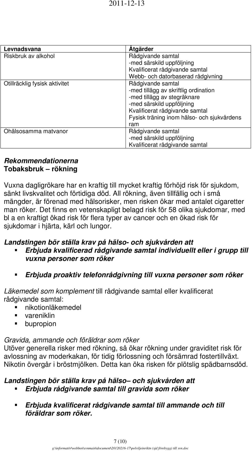 Rådgivande samtal -med särskild uppföljning Kvalificerat rådgivande samtal Rekommendationerna Tobaksbruk rökning Vuxna dagligrökare har en kraftig till mycket kraftig förhöjd risk för sjukdom, sänkt