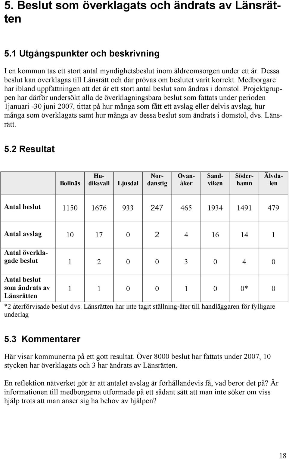 Projektgruppen har därför undersökt alla de överklagningsbara beslut som fattats under perioden 1januari -30 juni 2007, tittat på hur många som fått ett avslag eller delvis avslag, hur många som