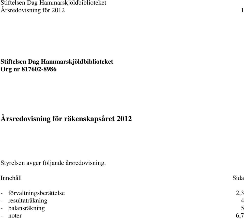 räkenskapsåret 2012 Styrelsen avger följande årsredovisning.