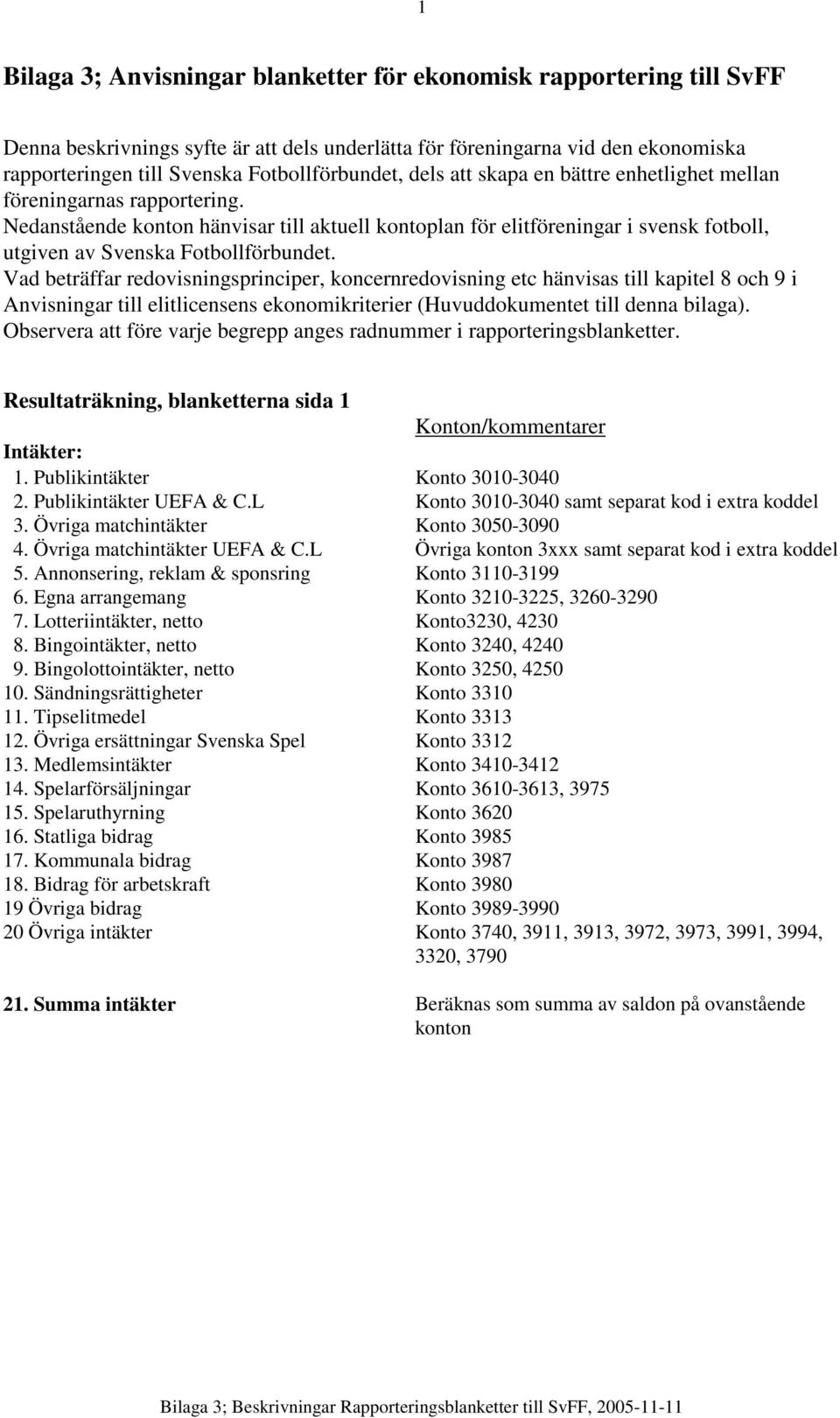 Nedanstående konton hänvisar till aktuell kontoplan för elitföreningar i svensk fotboll, utgiven av Svenska Fotbollförbundet.