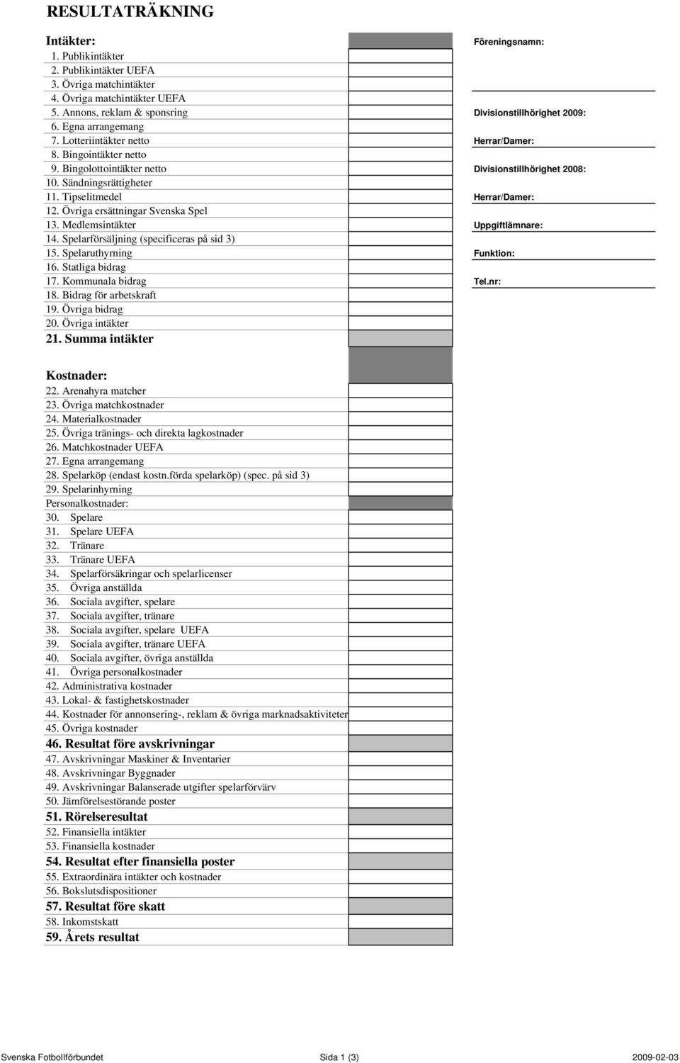 Övriga ersättningar Svenska Spel 13. Medlemsintäkter Uppgiftlämnare: 14. Spelarförsäljning (specificeras på sid 3) 15. Spelaruthyrning Funktion: 16. Statliga bidrag 17. Kommunala bidrag Tel.nr: 18.