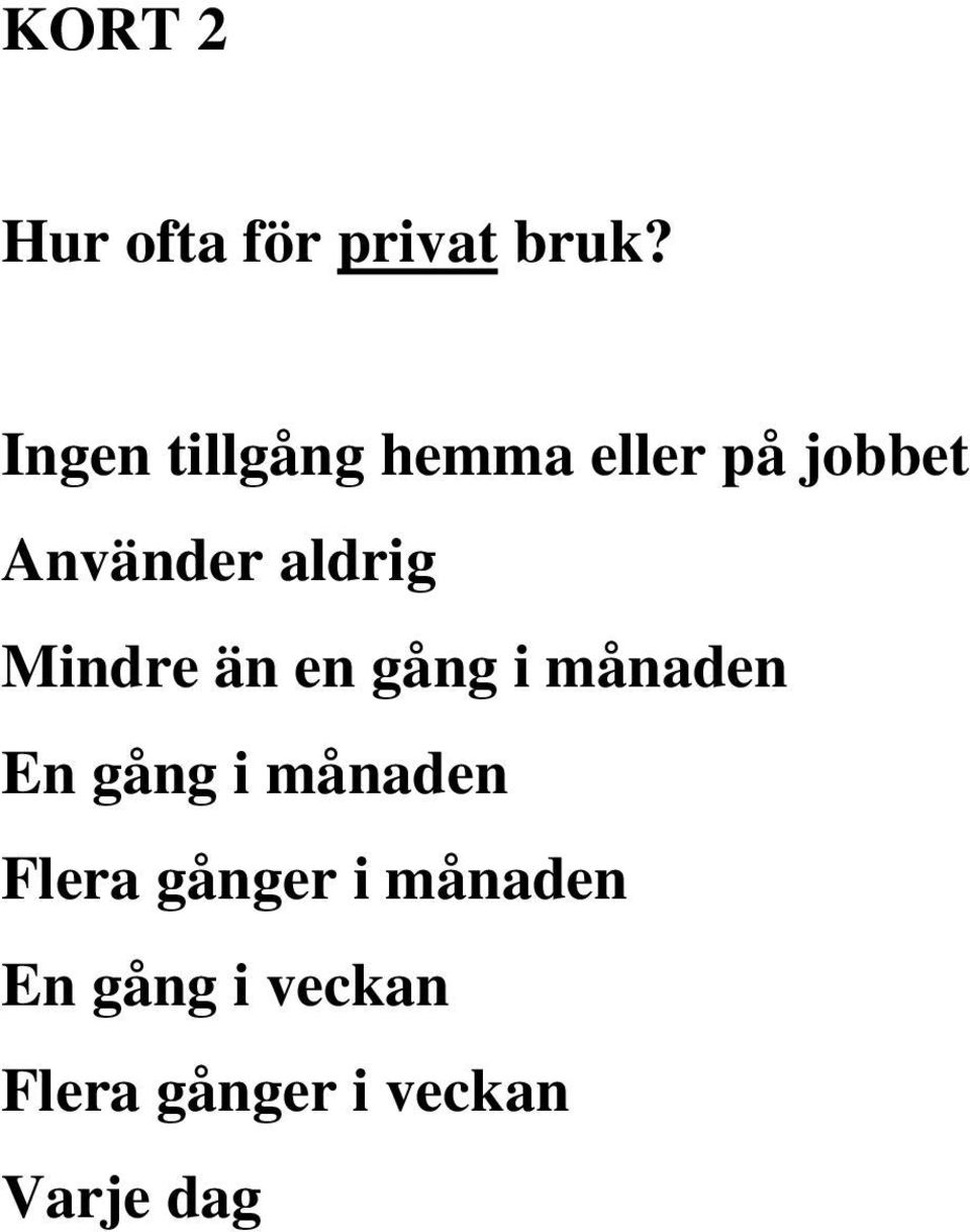 aldrig Mindre än en gång i månaden En gång i
