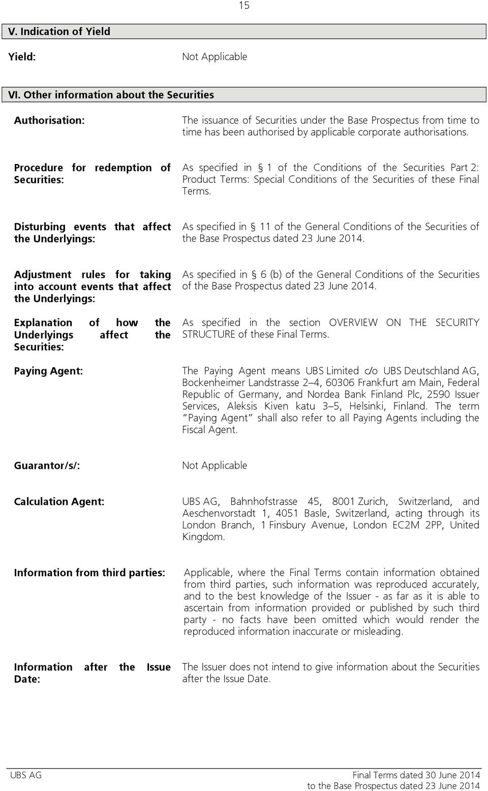 Procedure for redemption of Securities: As specified in 1 of the Conditions of the Securities Part 2: Product Terms: Special Conditions of the Securities of these Final Terms.