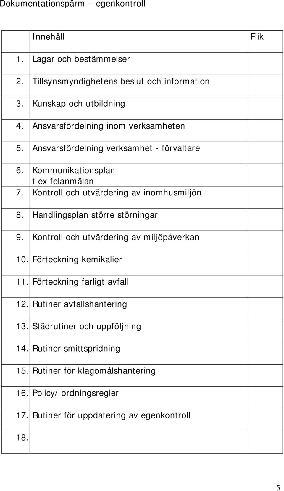 Kontroll och utvärdering av inomhusmiljön 8. Handlingsplan större störningar 9. Kontroll och utvärdering av miljöpåverkan 10. Förteckning kemikalier 11.