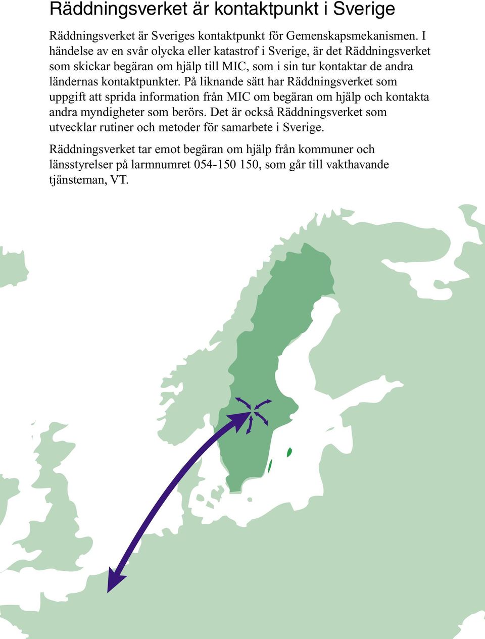 kontaktpunkter. På liknande sätt har Räddningsverket som uppgift att sprida information från MIC om begäran om hjälp och kontakta andra myndigheter som berörs.