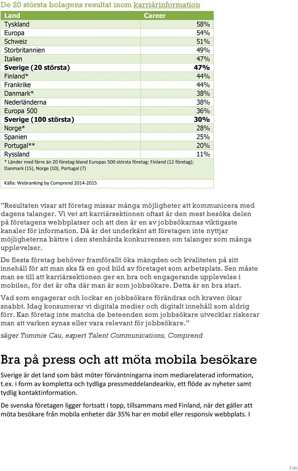 Danmark (15), Norge (10), Portugal (7) Källa: Webranking by Comprend 2014-2015 Resultaten visar att företag missar många möjligheter att kommunicera med dagens talanger.