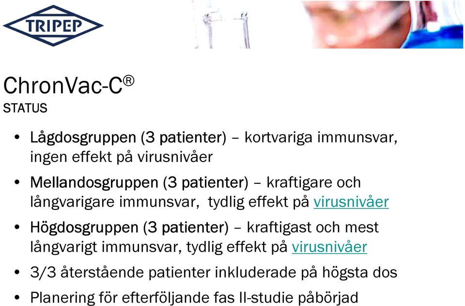 Högdosgruppen (3 patienter) kraftigast och mest långvarigt immunsvar, tydlig effekt på virusnivåer