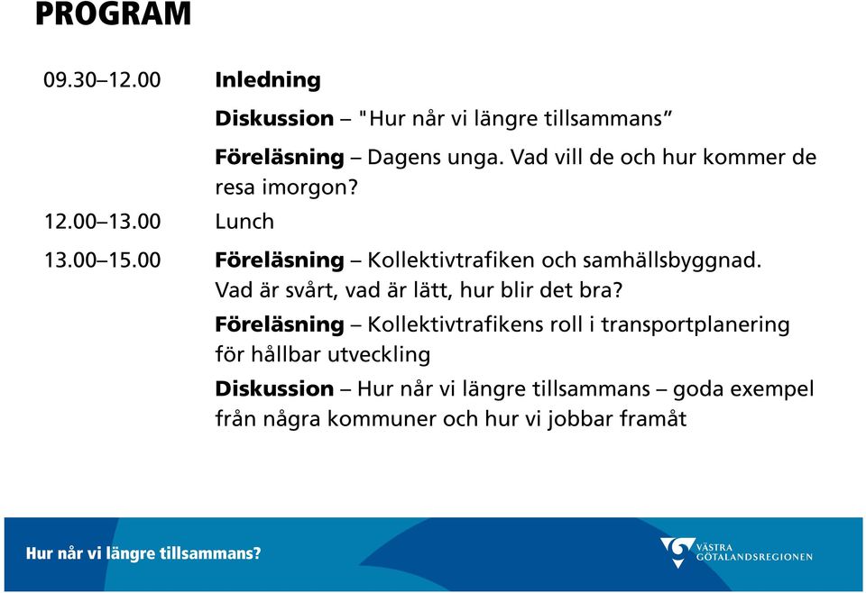 Vad vill de och hur kommer de resa imorgon? 13.00 15.00 Föreläsning Kollektivtrafiken och samhällsbyggnad.