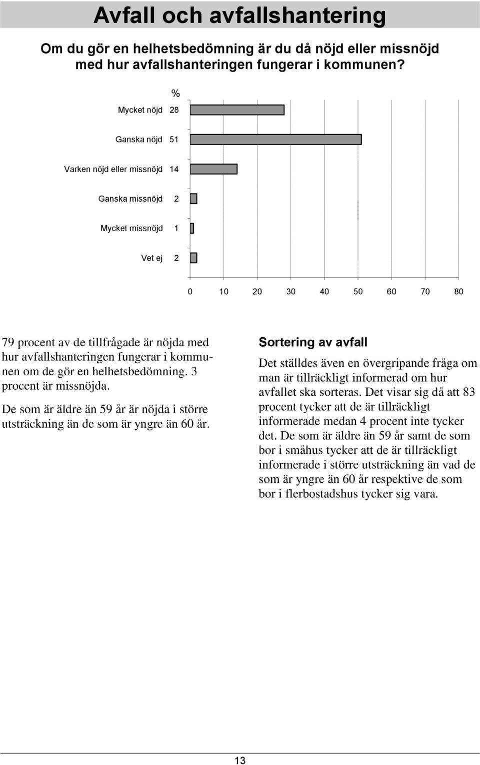 en helhetsbedömning. 3 procent är missnöjda. De som är äldre än 59 år är nöjda i större utsträckning än de som är yngre än 60 år.