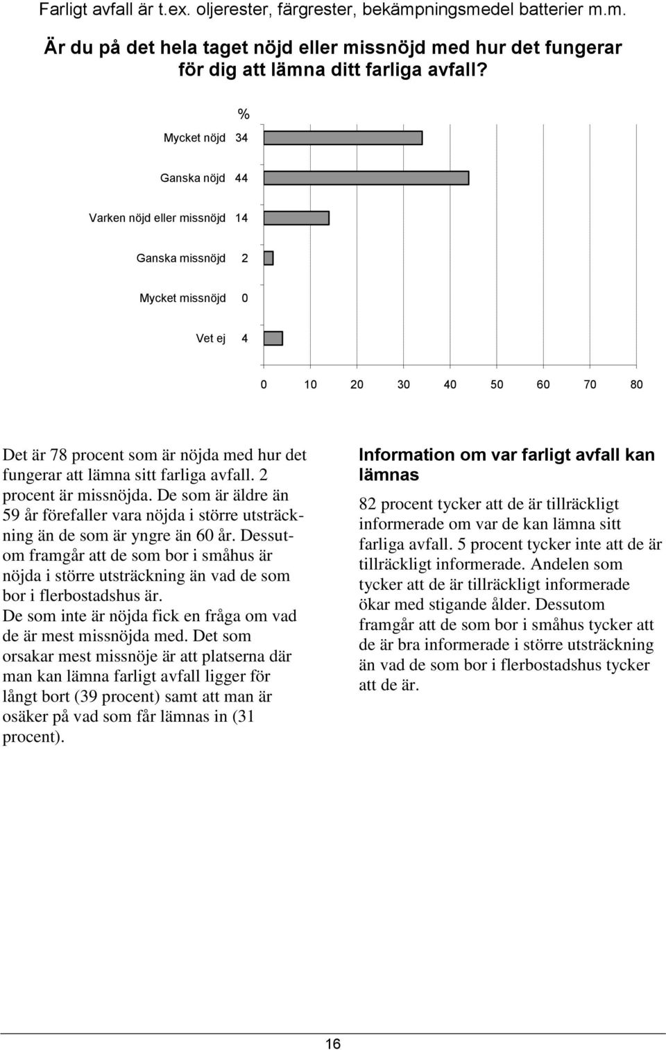 2 procent är missnöjda. De som är äldre än 59 år förefaller vara nöjda i större utsträckning än de som är yngre än 60 år.